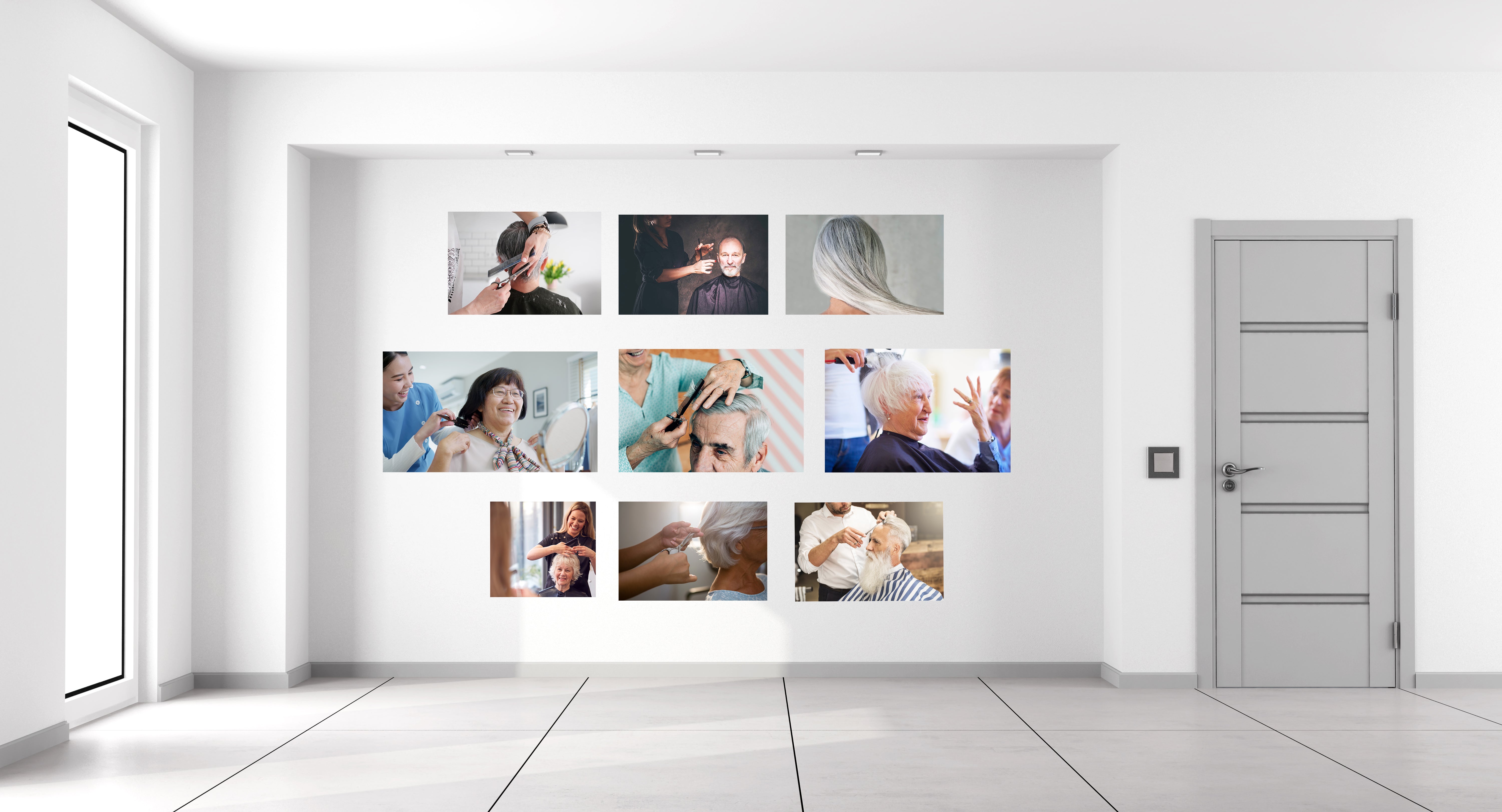 Collage of people on a wall-mounted screen in a modern room with white walls and floor.